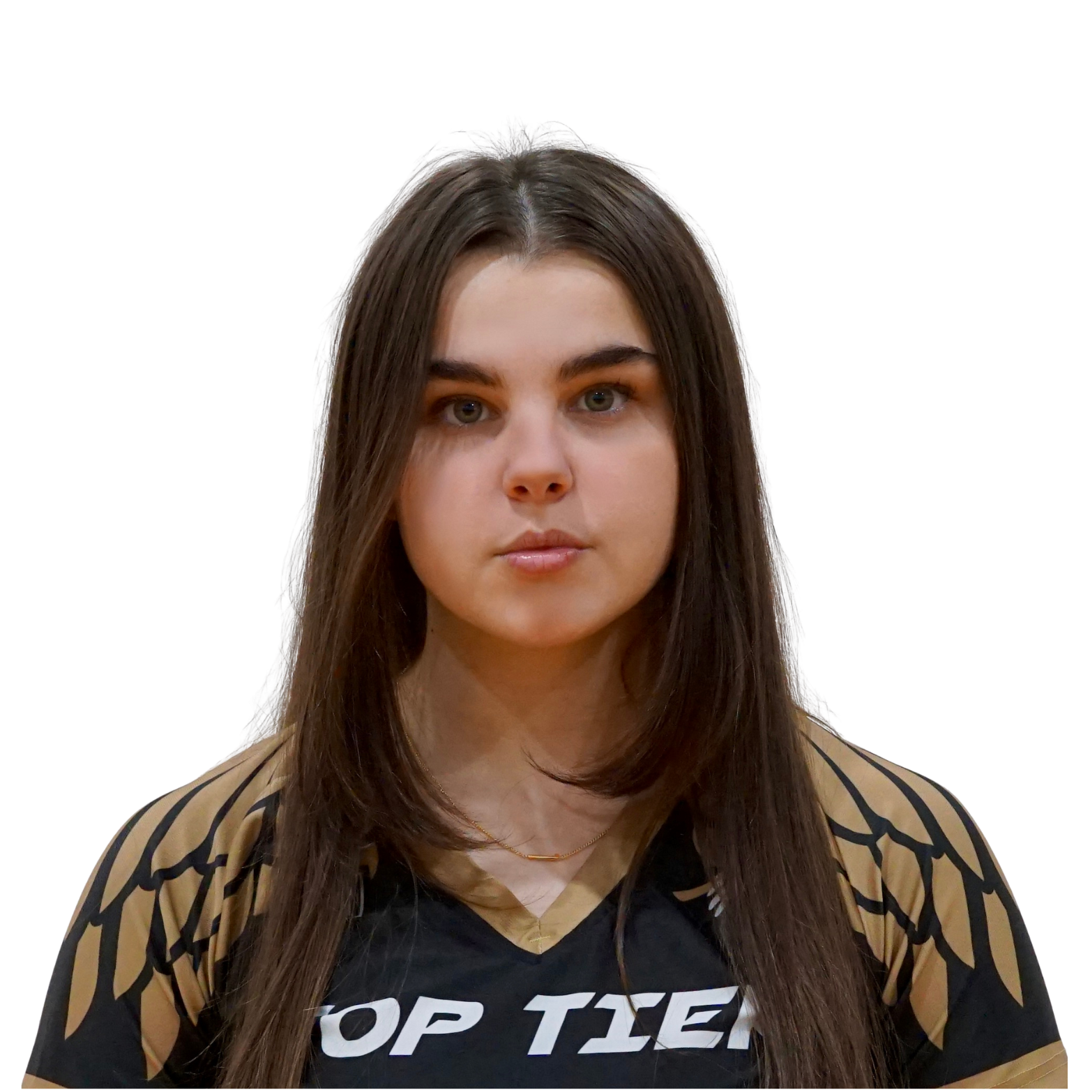 Portrait of a young woman with long brown hair and green eyes, wearing a black sports jersey with gold accents and the text 'TOP TIER'.