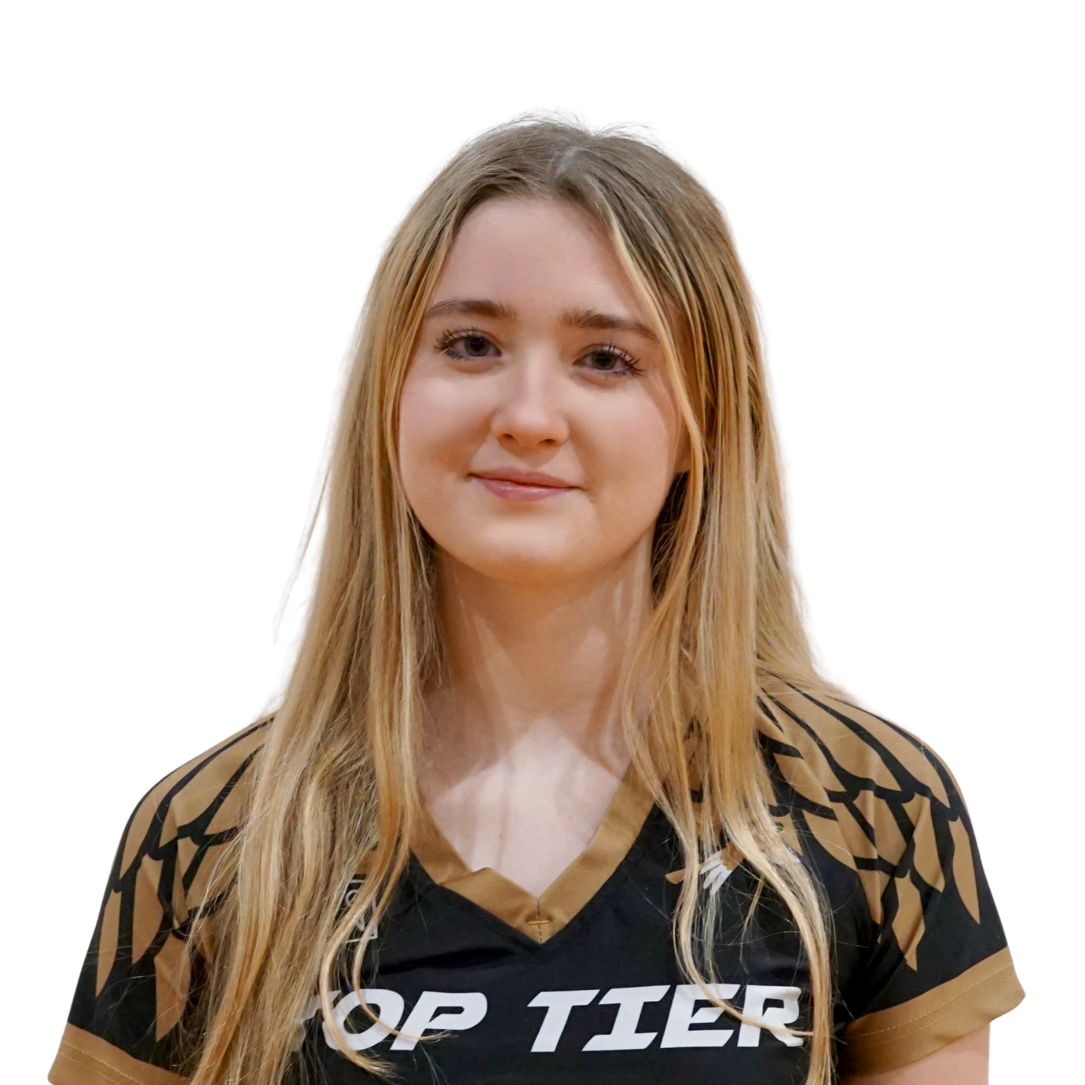 Young woman with long blonde hair wearing a black and gold sports jersey with the text 'TOP TIER' on the front, against a plain white background.