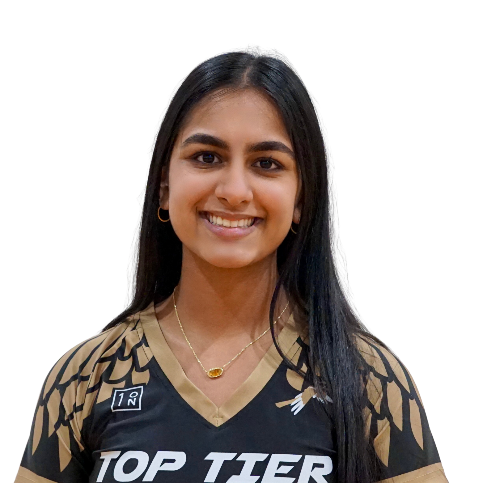 A smiling woman wearing a black and gold sports jersey with the words 'Top Tier', gold jewelry, and earrings on a white background.
