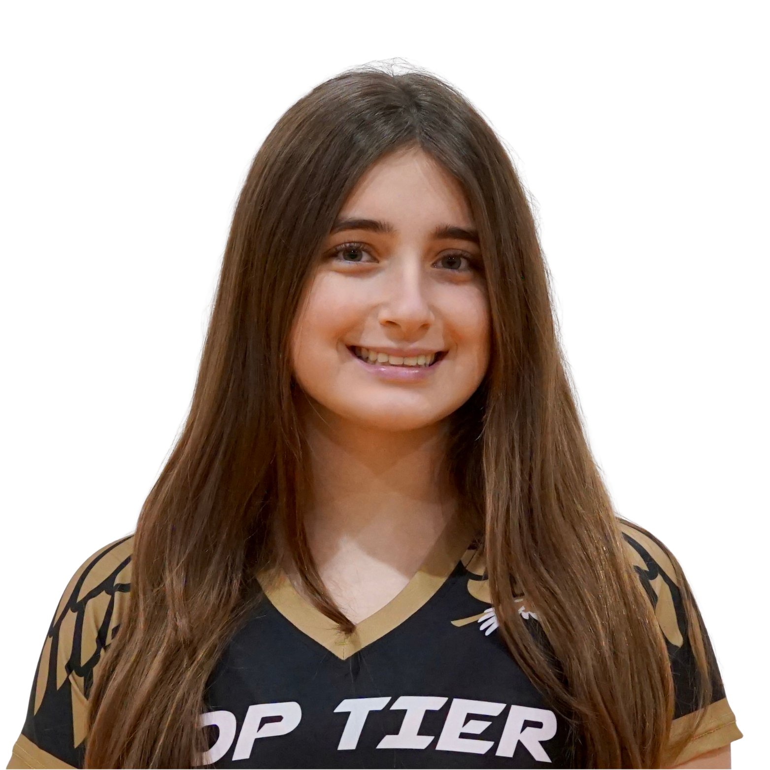 A young woman with long brown hair smiling, wearing a black sports jersey with gold accents and the word 'TOP TIER' printed on it.