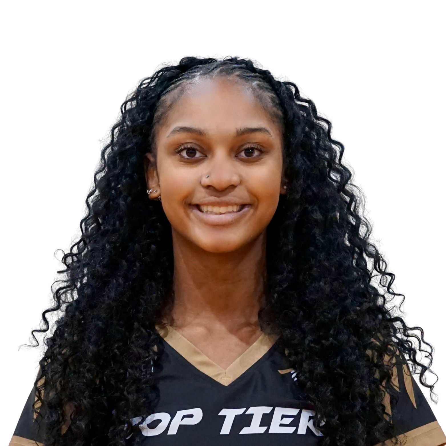 Young woman with long curly hair, smiling, wearing a black sports jersey with gold accents and the text "TOP TIER."