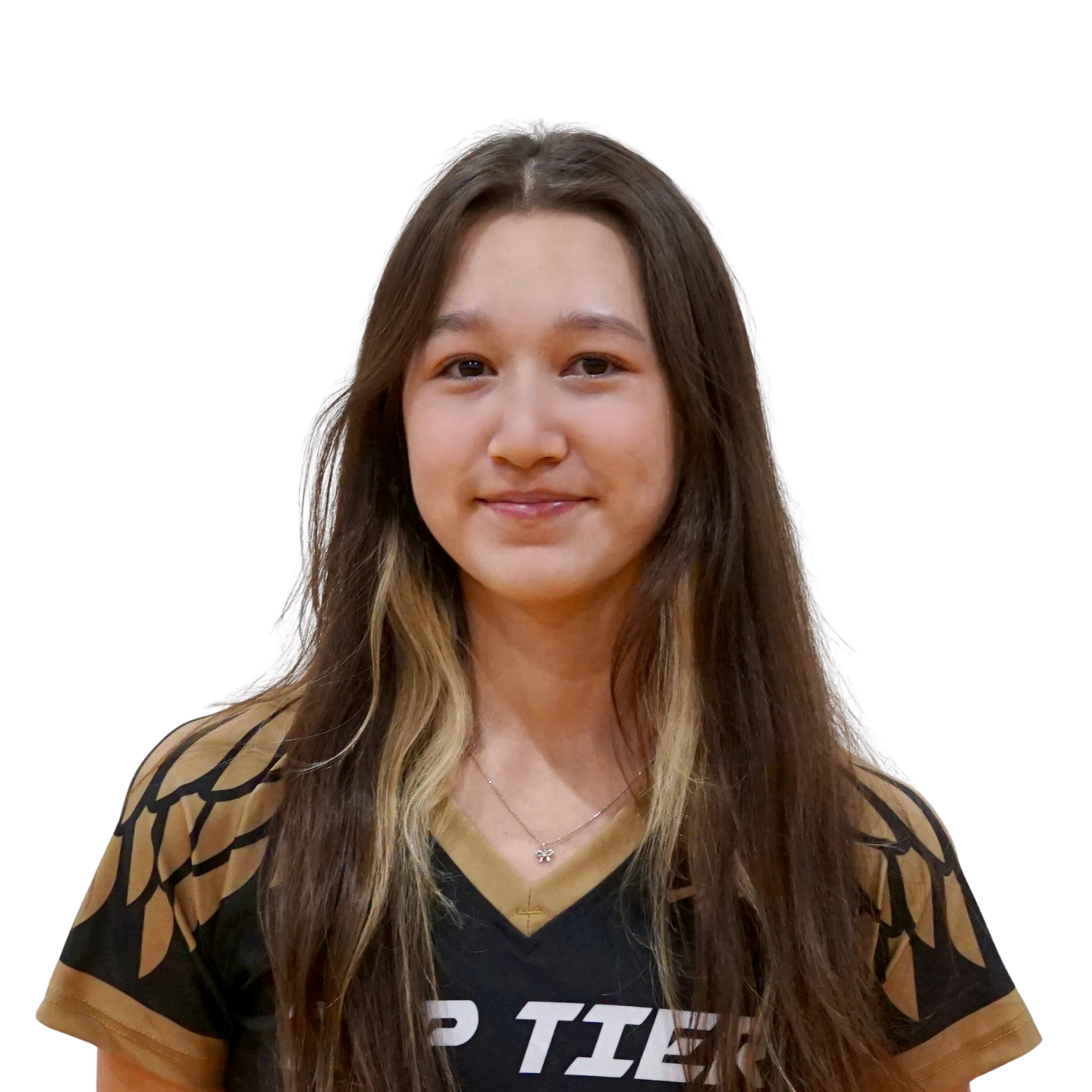 A young woman with long brown hair, wearing a black and gold sports jersey, and a delicate necklace, smiling at the camera.