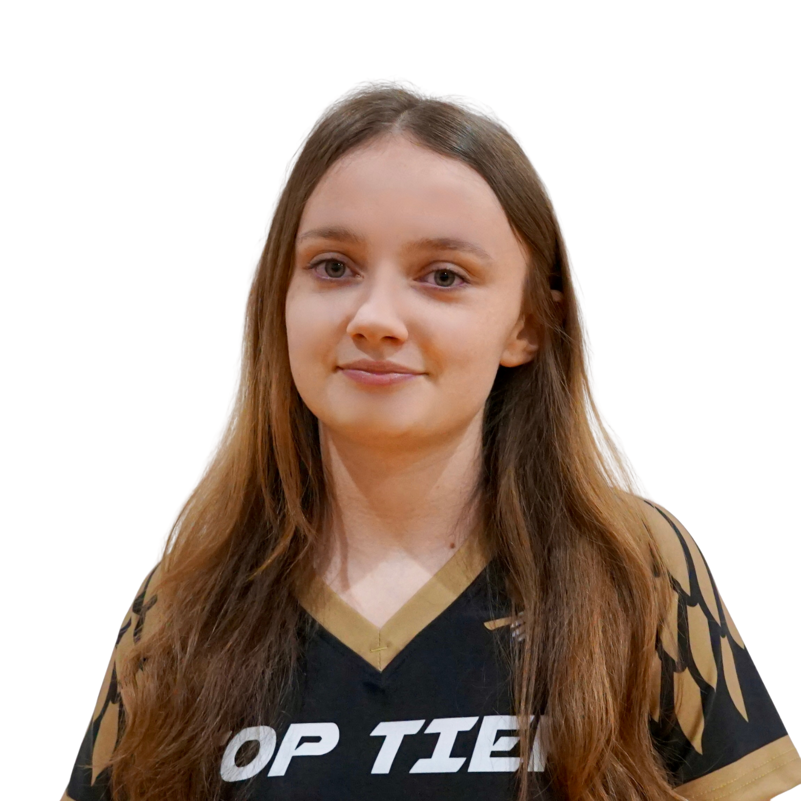 A young woman with long brown hair, fair skin, and blue eyes, wearing a black and gold sports jersey with the text "OP TIE" visible on the front, smiling slightly with a neutral background.