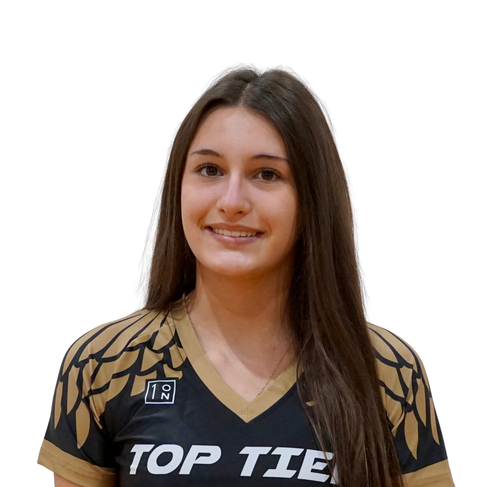 Young woman with long brown hair wearing a black and gold sports jersey with the text 'TOP TIER' and a logo, smiling at the camera.