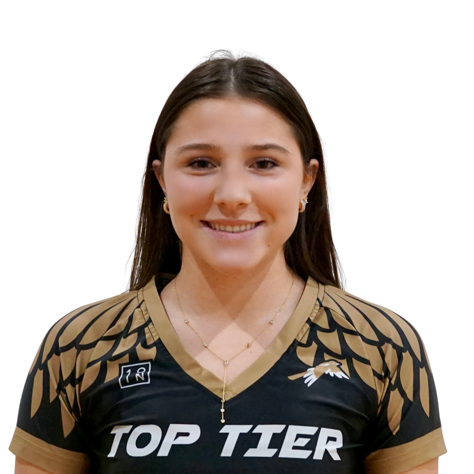 Young woman with long dark hair, smiling, wearing a black and gold sports jersey with sponsors' logos, a necklace, and earrings, against a white background.