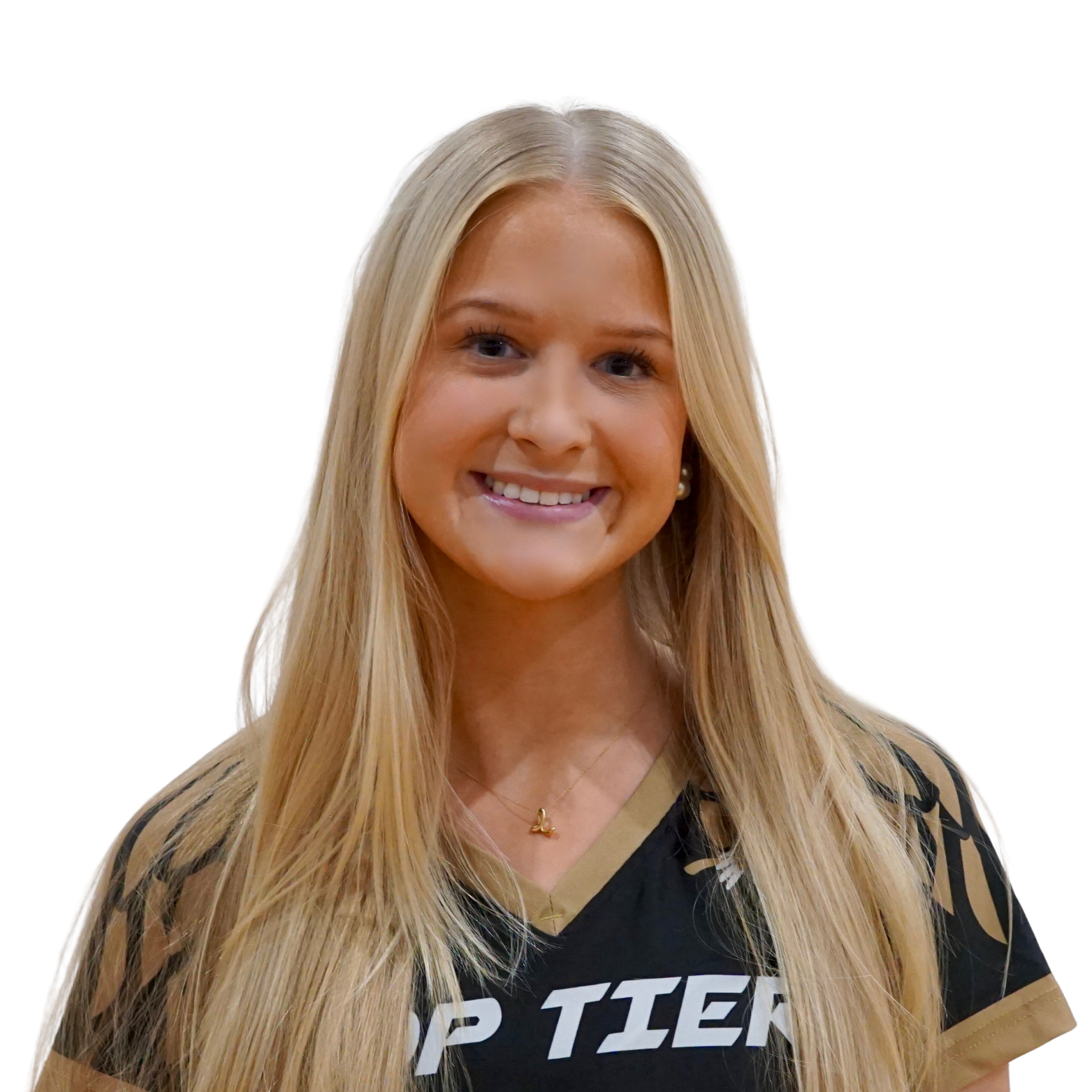 A smiling young woman with long blonde hair, wearing a black and gold sports jersey with the words 'TOP TIER', a gold necklace, and pearl earrings, against a white background.