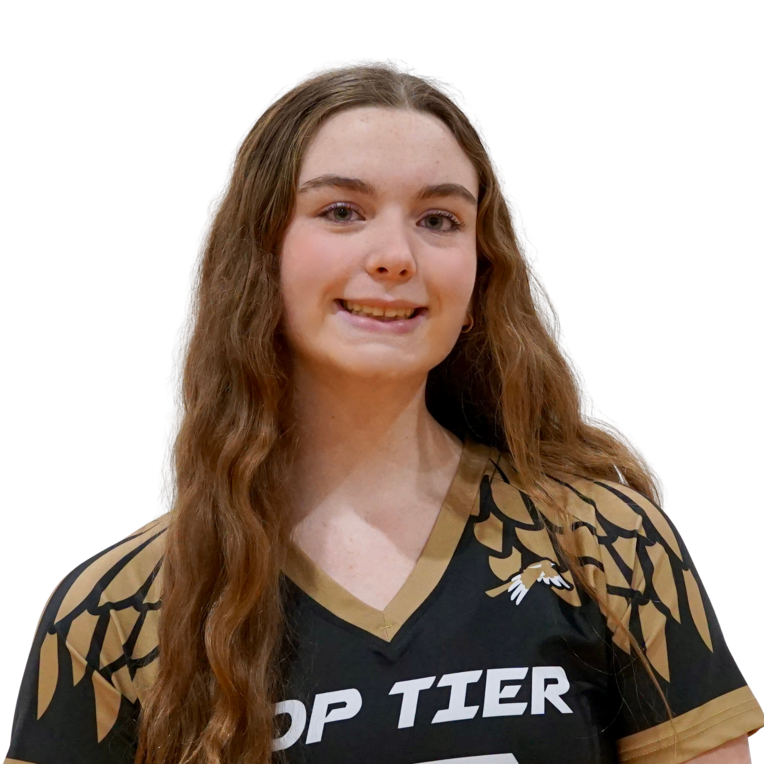 Young woman with long, wavy reddish-brown hair smiling, wearing a black and gold sports jersey with a hawk logo and the text "TOP TIER" on it.