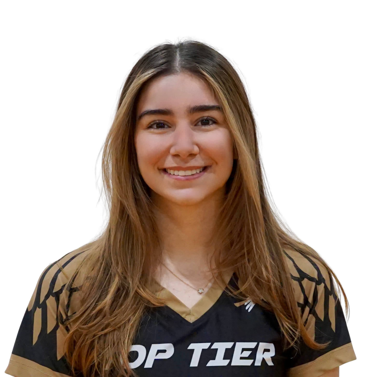 A young woman with long, wavy brown hair smiling, wearing a black and gold sports jersey with the words 'TOP TIER' on it.