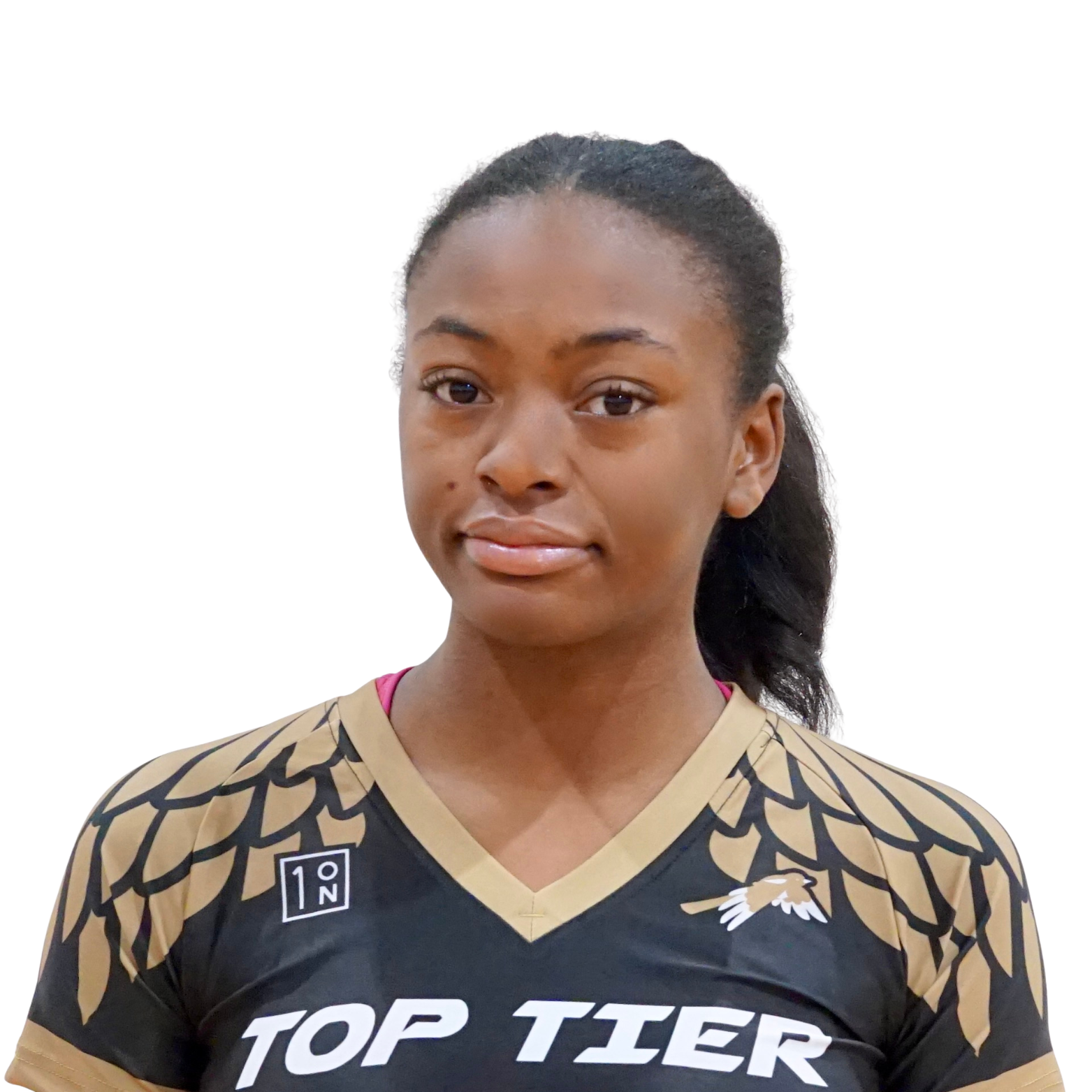 A young woman with dark hair tied back, wearing a black and gold athletic jersey with the text 'TOP TIER' and a small eagle logo.