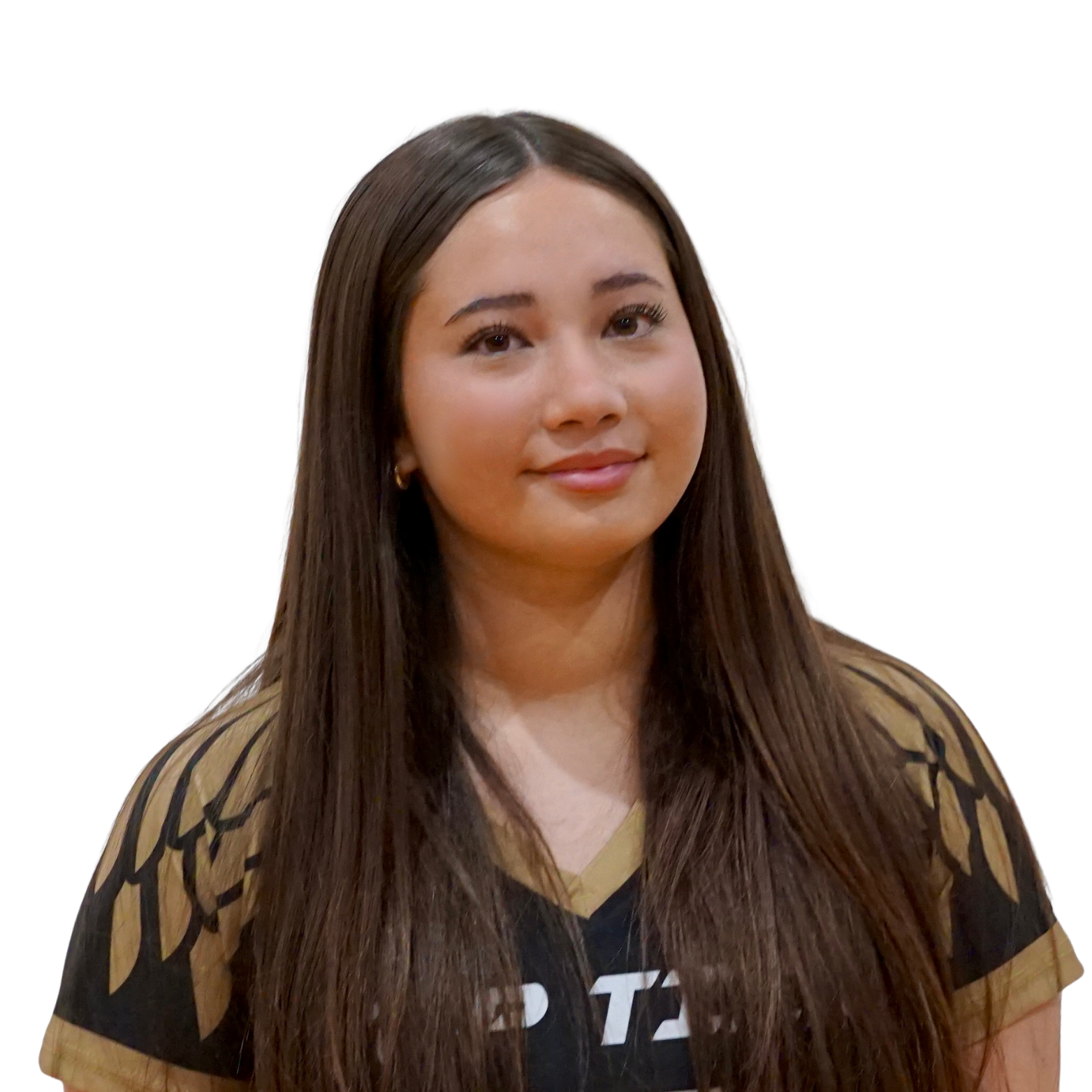 A young woman with long dark hair, wearing a black and gold sports jersey, smiling softly.