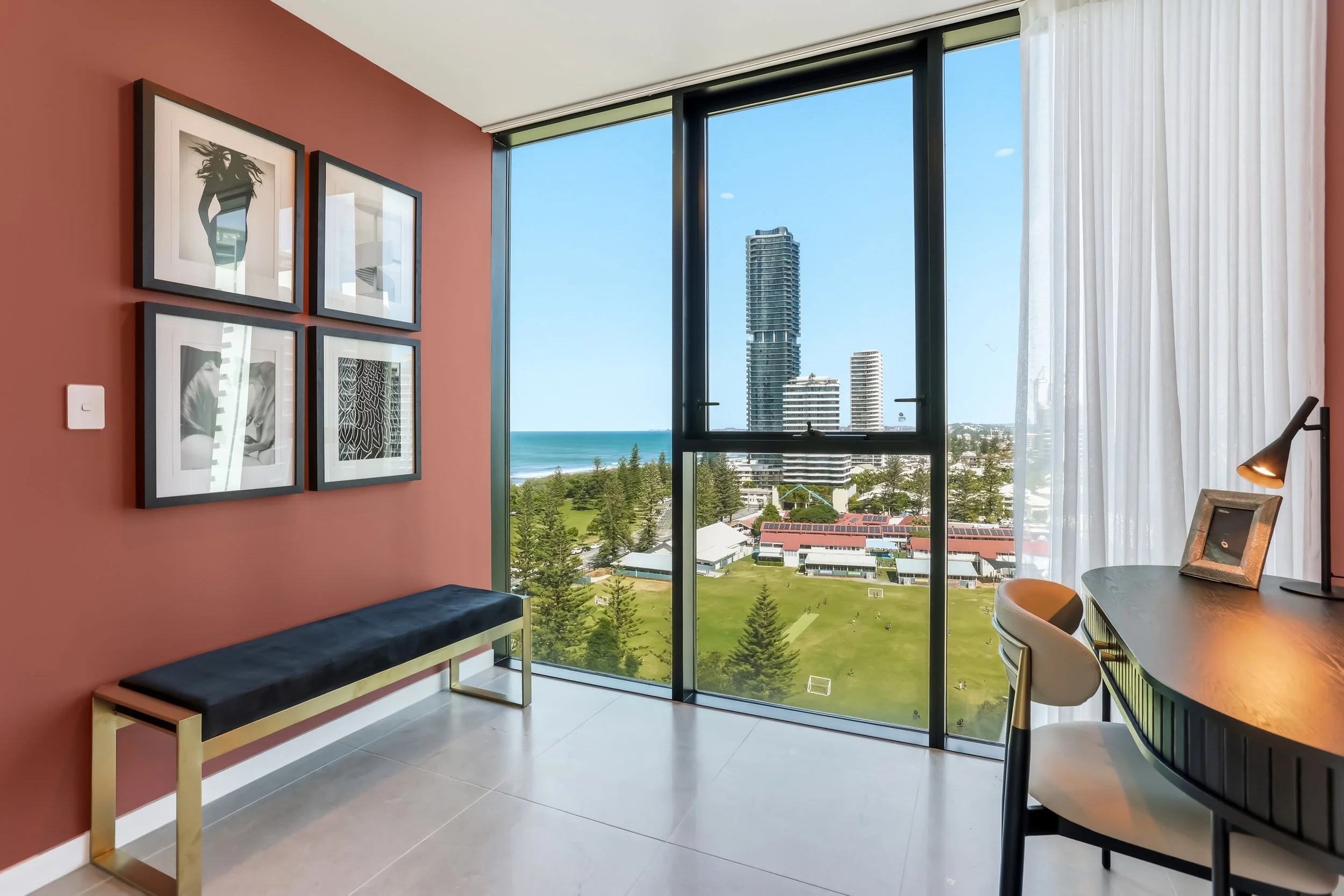 Modern study with city and park view