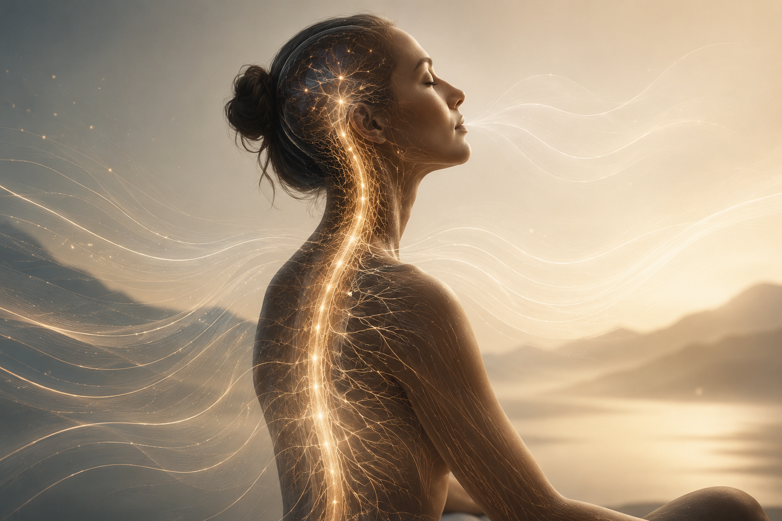 A woman with closed eyes, sitting outdoors at sunset, with digital illustrations of nerves and energy flowing from her head and body.