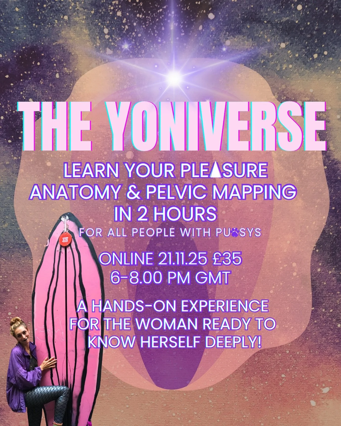 Do you want to understand the whole internal and external Yoniverse? Your own map to ple&bull;sure? 

Not only where g&bull;sp&bull;t, a&bull;sp&bull;t and vestibular bulbs are but also how these places like to be addressed ✨

Come and learn in 2 hou