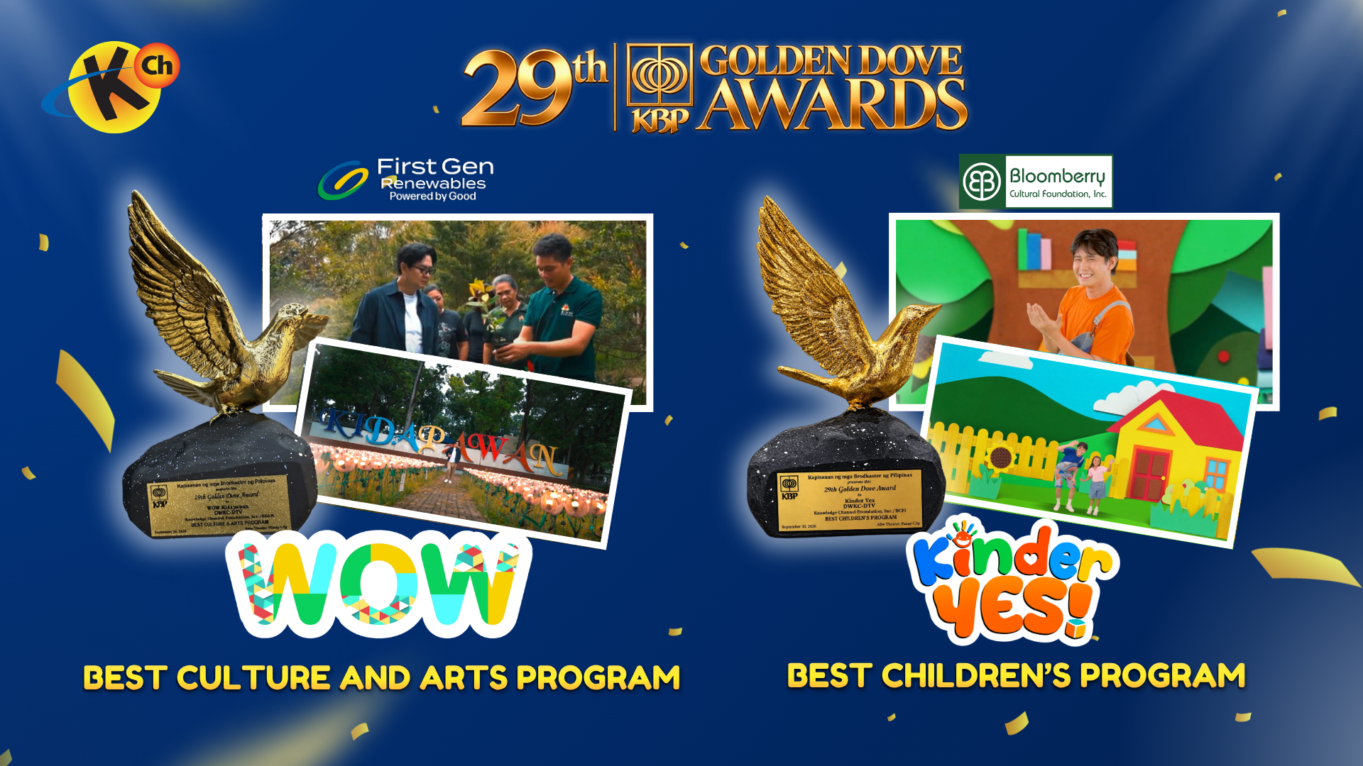 Receiving distinctions for its programs "WOW Kidapawan" and "Kinder YES"&nbsp;- KNOWLEDGE CHANNEL PROGRAMS HONORED AT THE 29TH KBP GOLDEN DOVE AWARDS&nbsp;