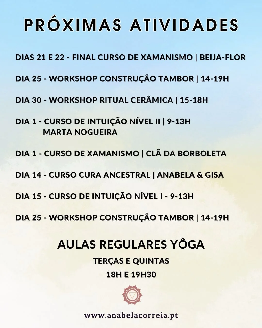 Agenda de atividades da academia
✨✨✨

H&aacute; vagas para o curso de intui&ccedil;&atilde;o, workshop de tambor e cer&acirc;mica. 

H&aacute; vagas para as aulas de Yoga as 18h

Envia mensagem para reservar ✨
#desenvolvimentopessoal #yoga #xamaismo 