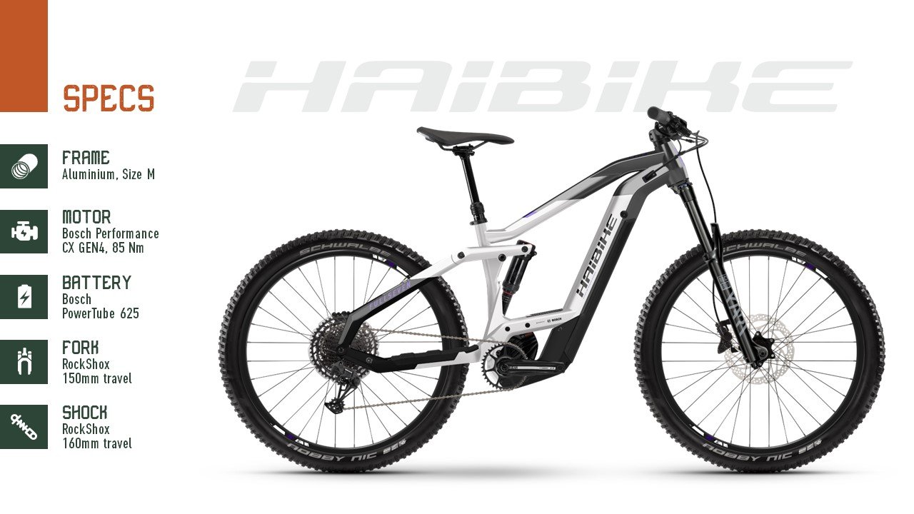 Side view of an electric mountain bike with various specifications listed on the left, including frame, motor, battery, fork, and shock.
