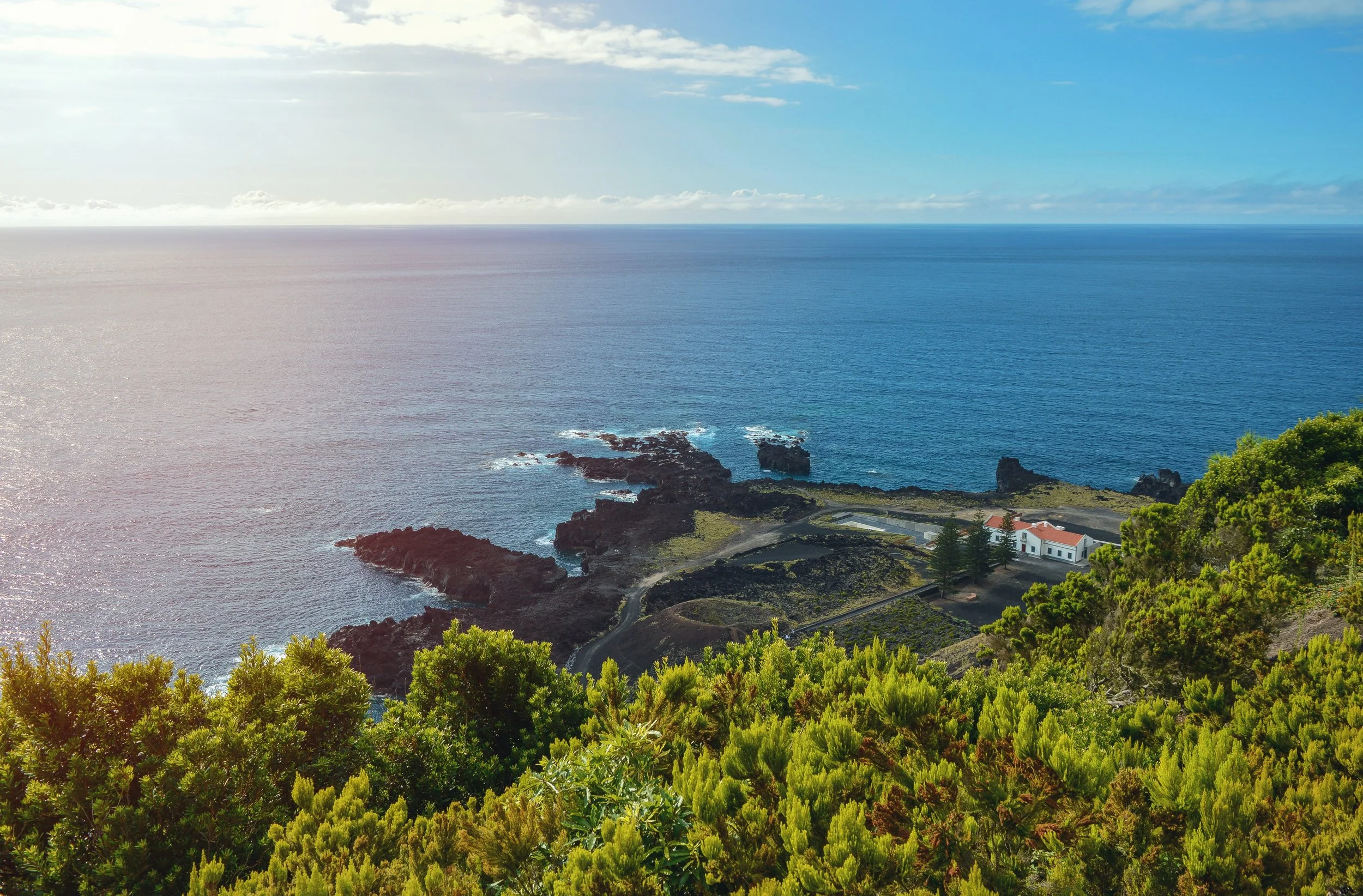 A coastal scene with a view of the ocean, rocky shoreline, and a white building with a red roof among green trees.