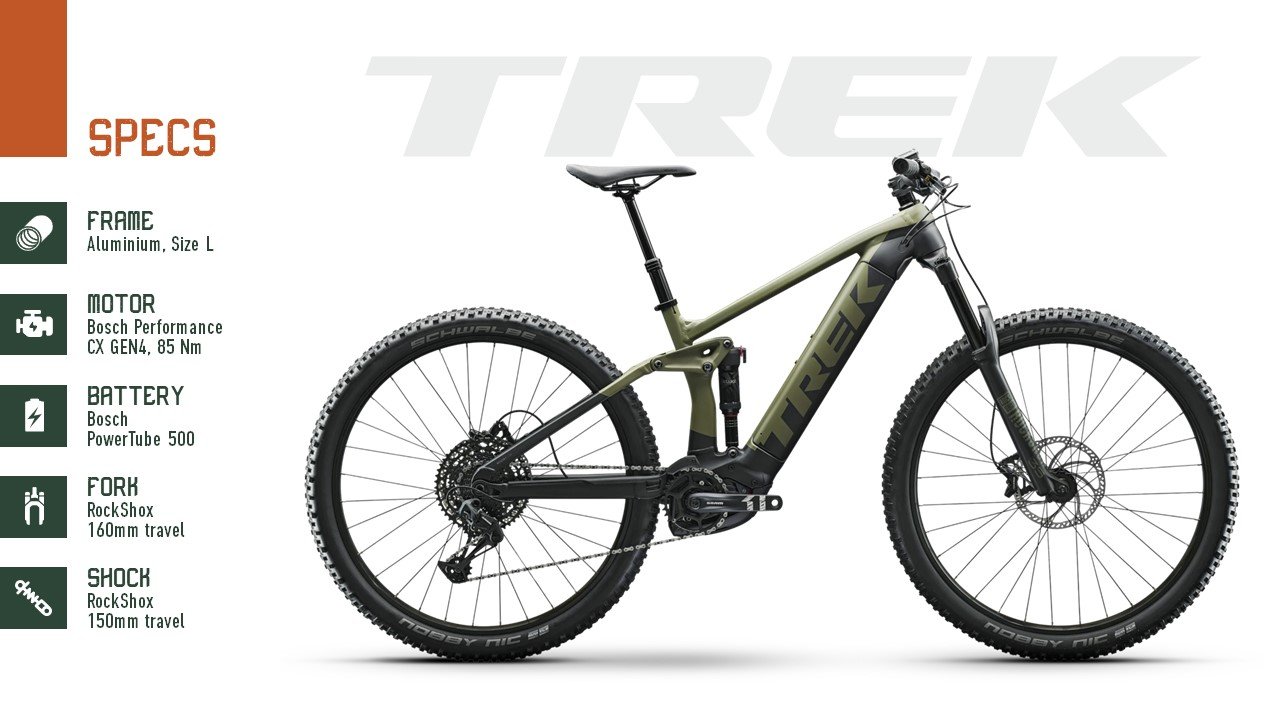 An electric mountain bike with a green frame, labeled 'TREK', featuring specifications such as aluminum frame, Bosch Performance CX motor, Bosch PowerTube 500 battery, RockShox shocks, and 29-inch wheels.