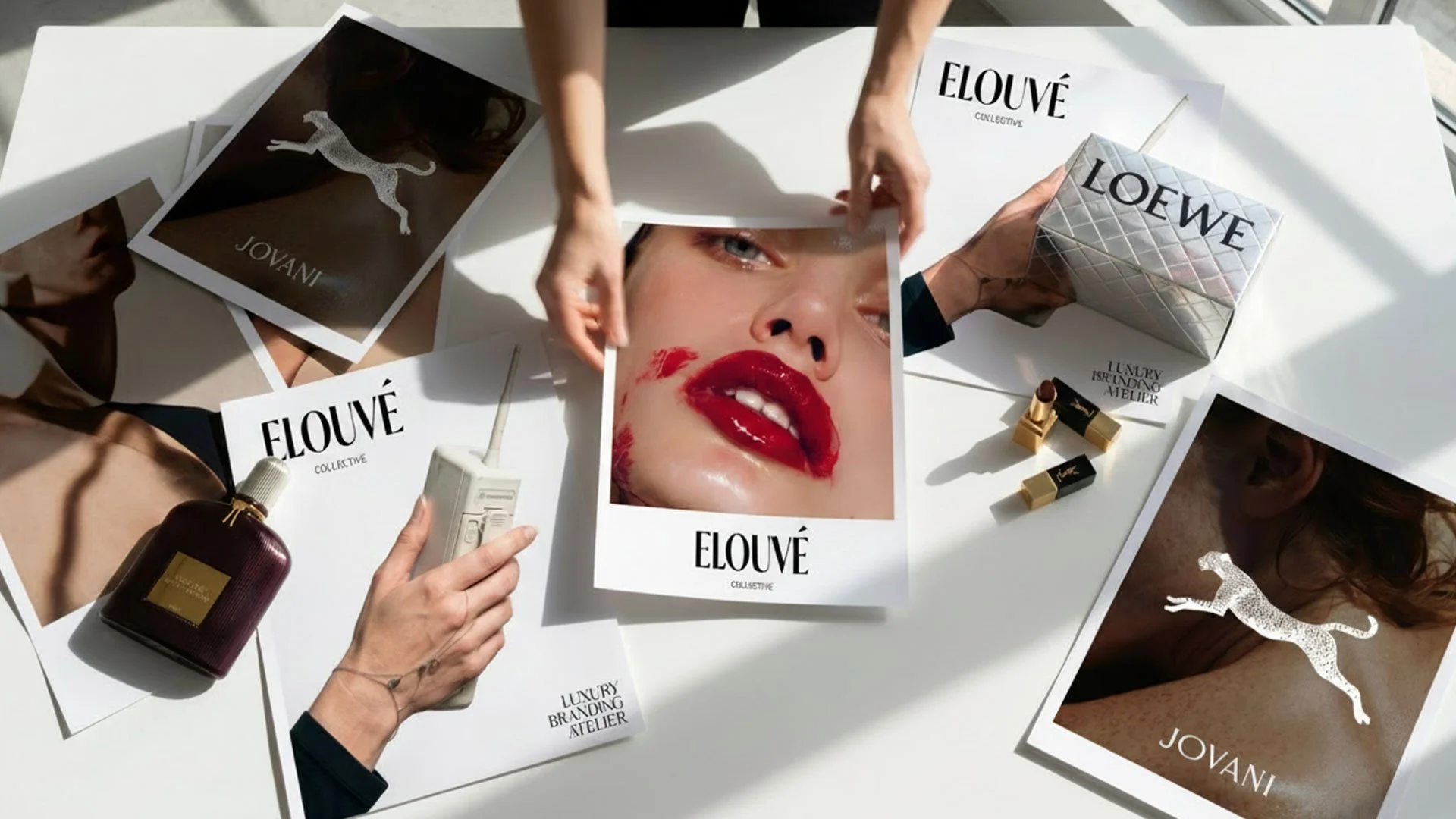 Woman working on a branding design project in her studio with design posters on table