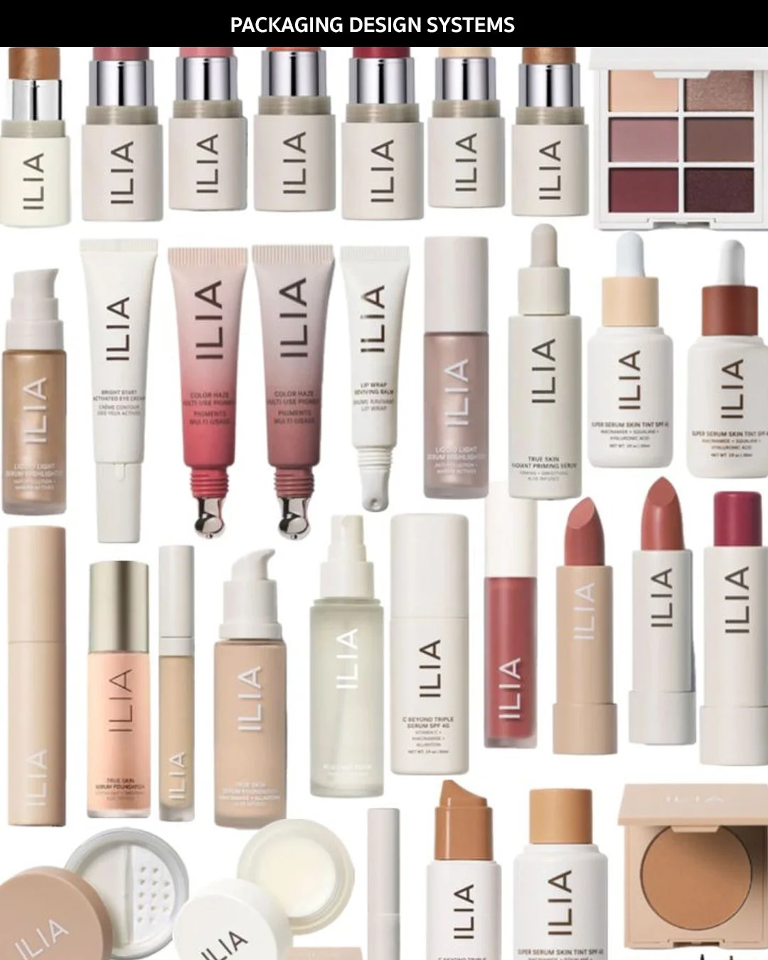 Skincare packaging design system with bottles, jars, cartons and labels.