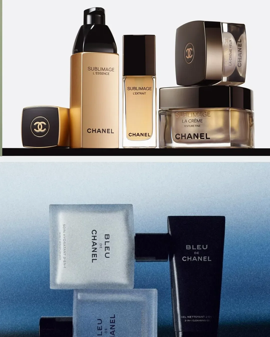 Showcase of premium Chanel Sublimage skincare products and Bleu de Chanel cosmetics.