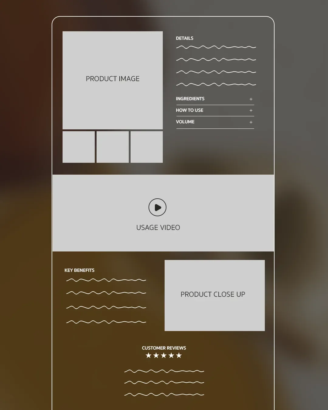 product page wireframe for luxury skincare website design