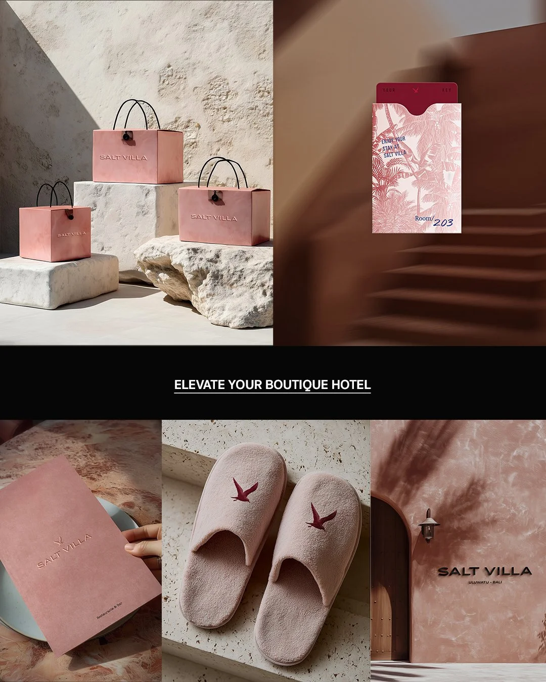 Boutique hotel visual brand identity showing matching custom gift bags, room key card sleeves, and embroidered slippers.