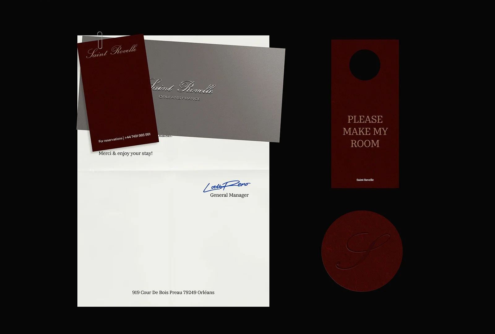 Door hanger, card, envelope letterhead and branding design for a luxury hotel