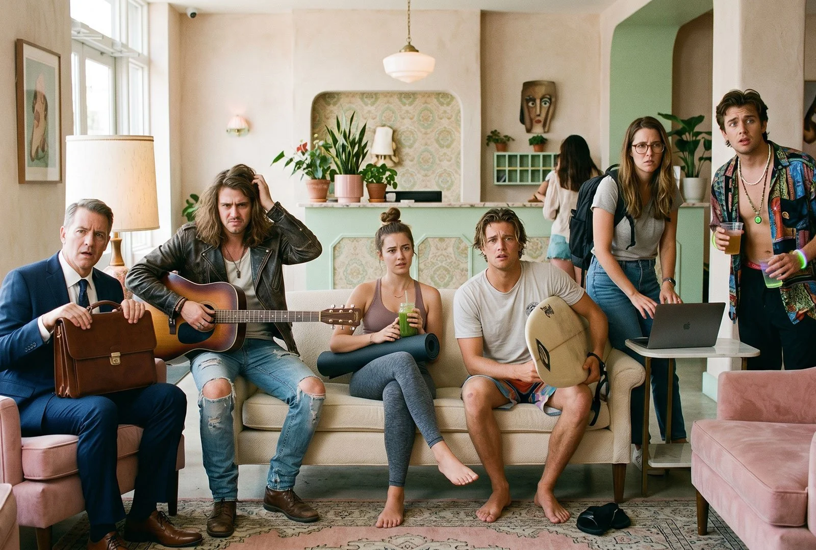 business owner, digital nomad, surfer and other random people hanging out in same hotel lobby all confused as if they came to a wrong place