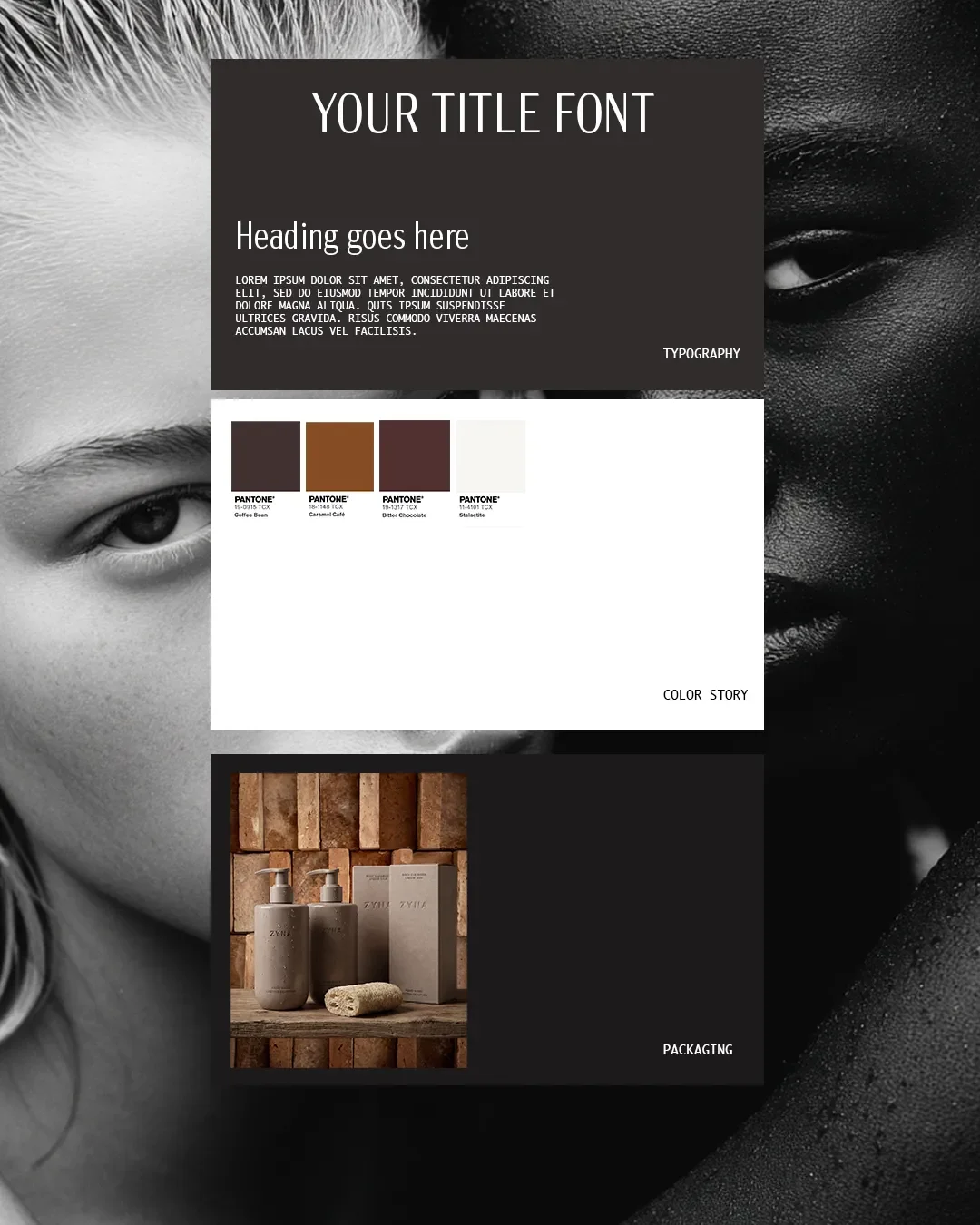 Beauty brand identity system showing logo typography colour and packaging applications