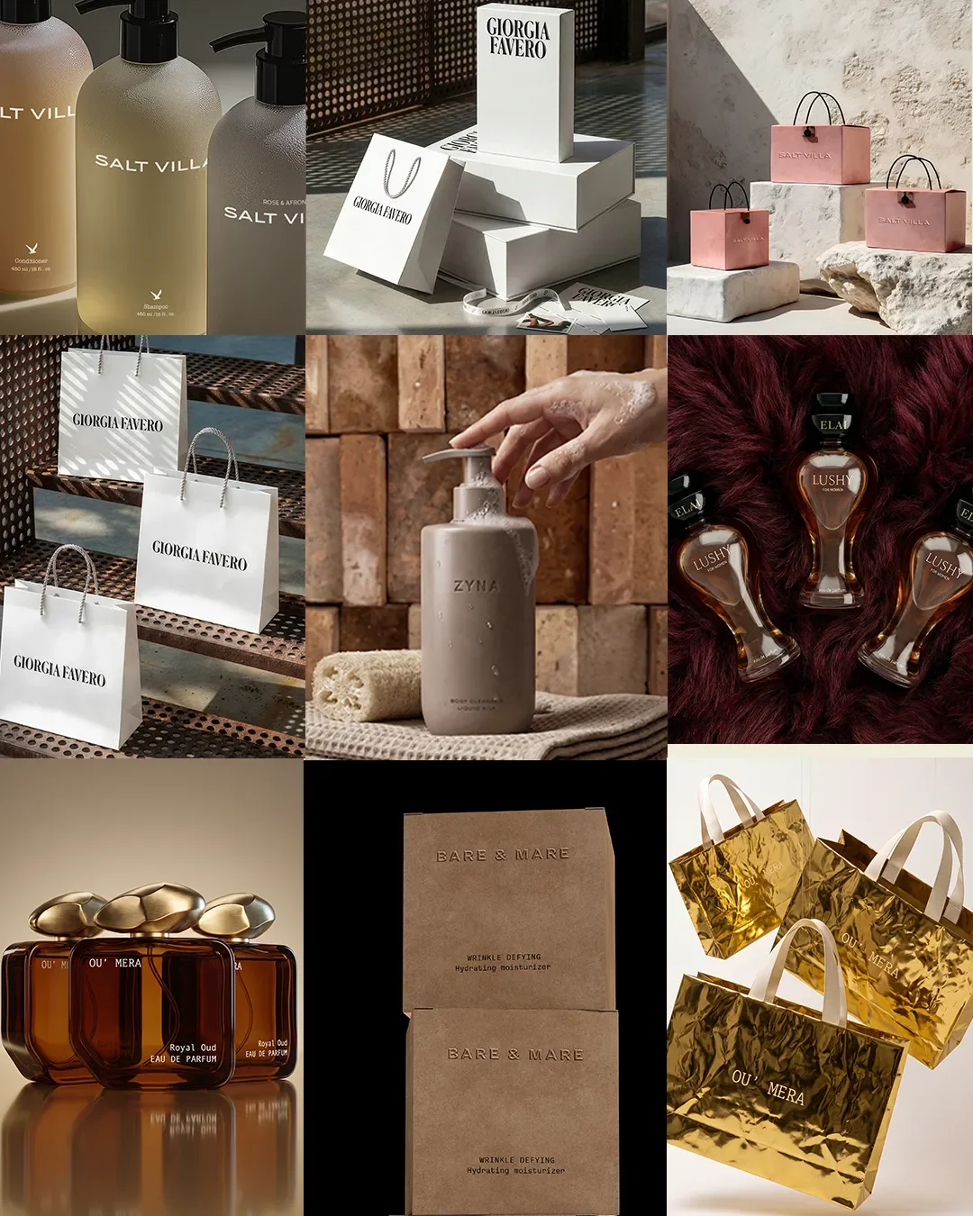 Luxury packaging design details including glass, textured paper and premium finishes.