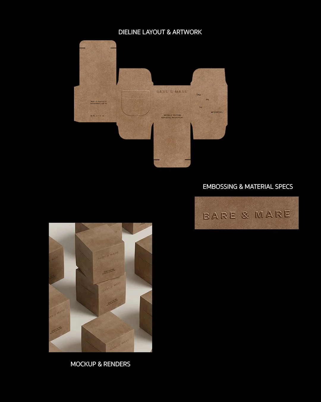 Cosmetic packaging dieline and prototype process for premium beauty packaging.