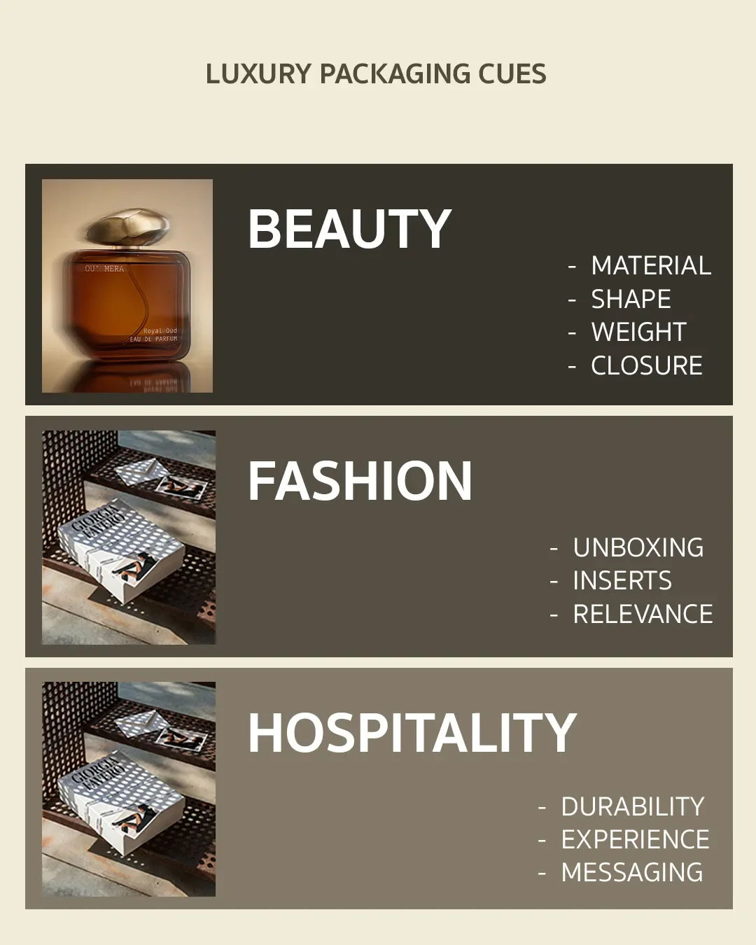 Luxury packaging cues for beauty, fashion and hospitality brands.