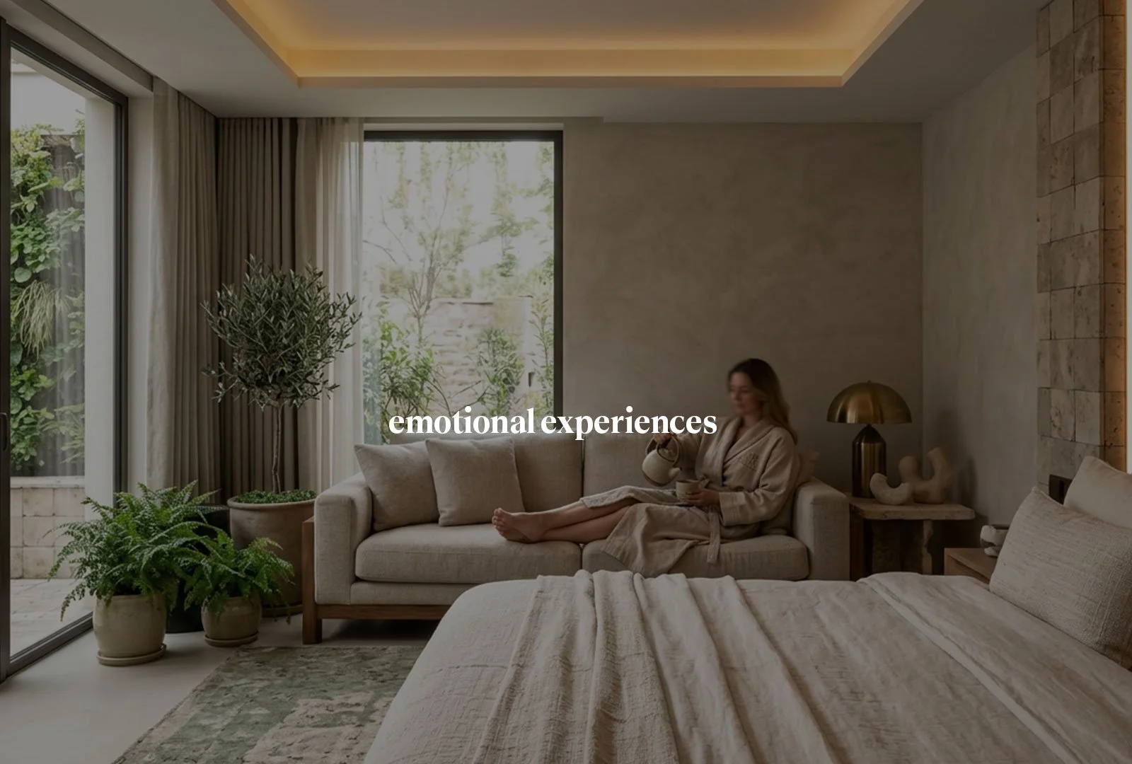 Woman enjoying her stay and making memories at a nicely branded hotel in Bali while sitting on sofa pouring tea
