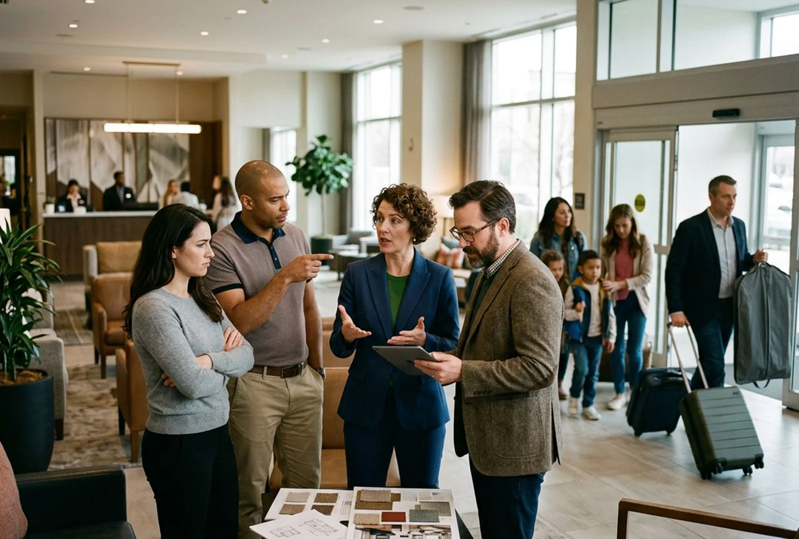 Team discussing how to fix their hospitality brand while guests can be seen leaving the hotel
