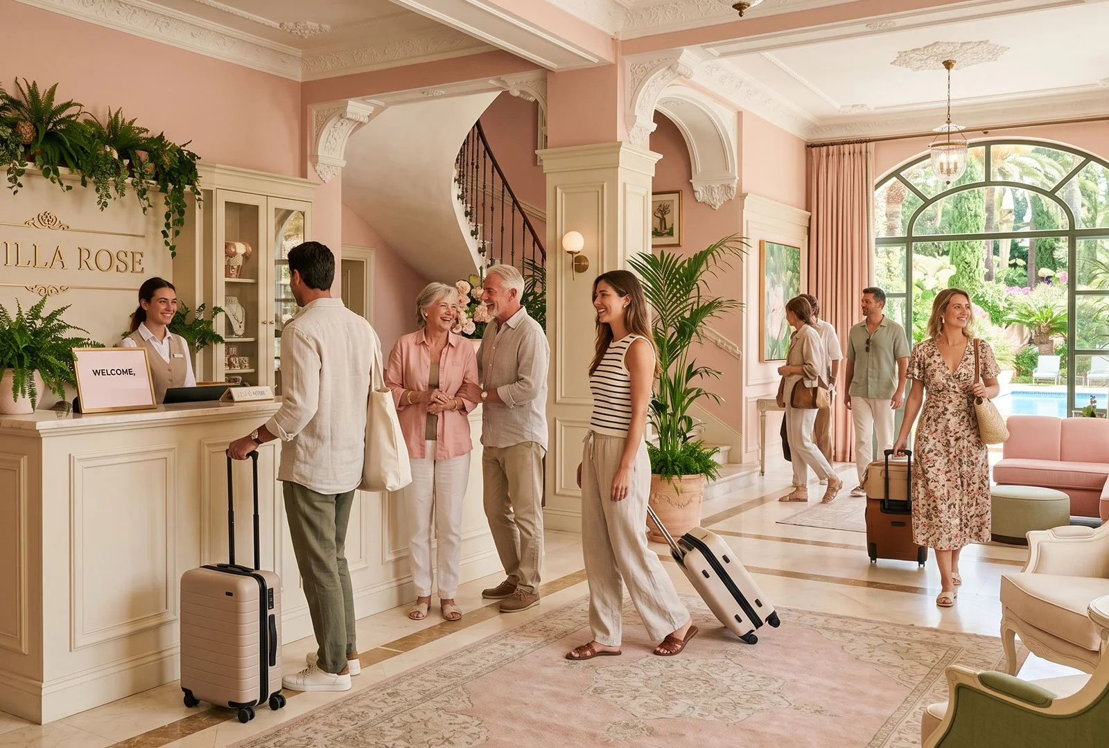 travellers coming into a nicely branded boutique hotel