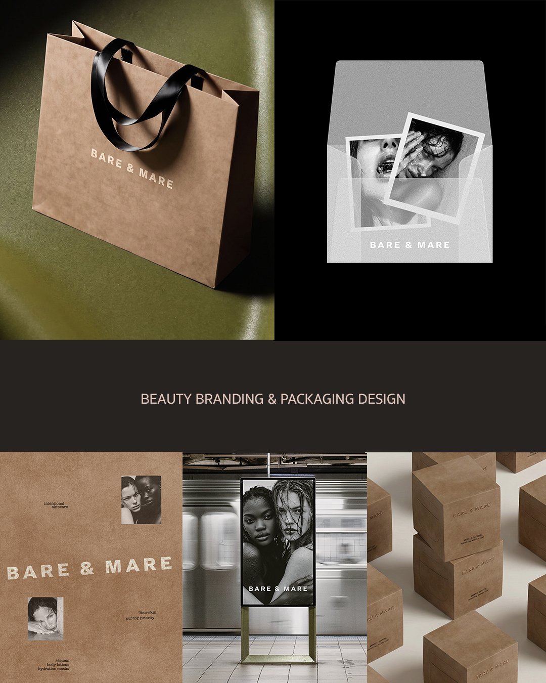 Beauty brand system with packaging, brand guidelines and digital launch assets