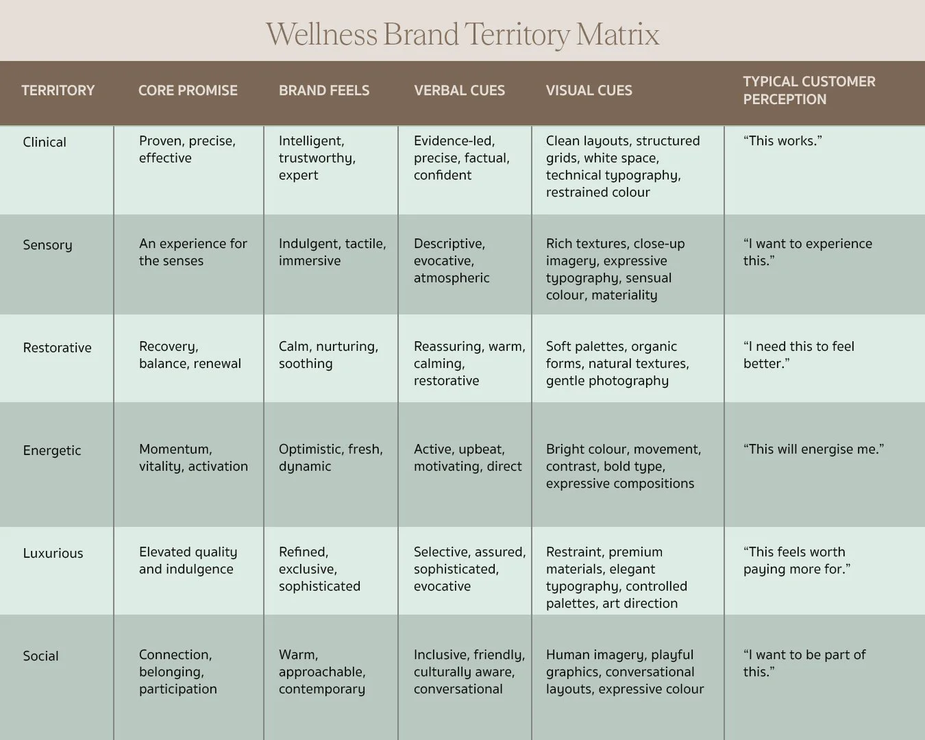 Wellness brand territory matrix showing different positioning directions.