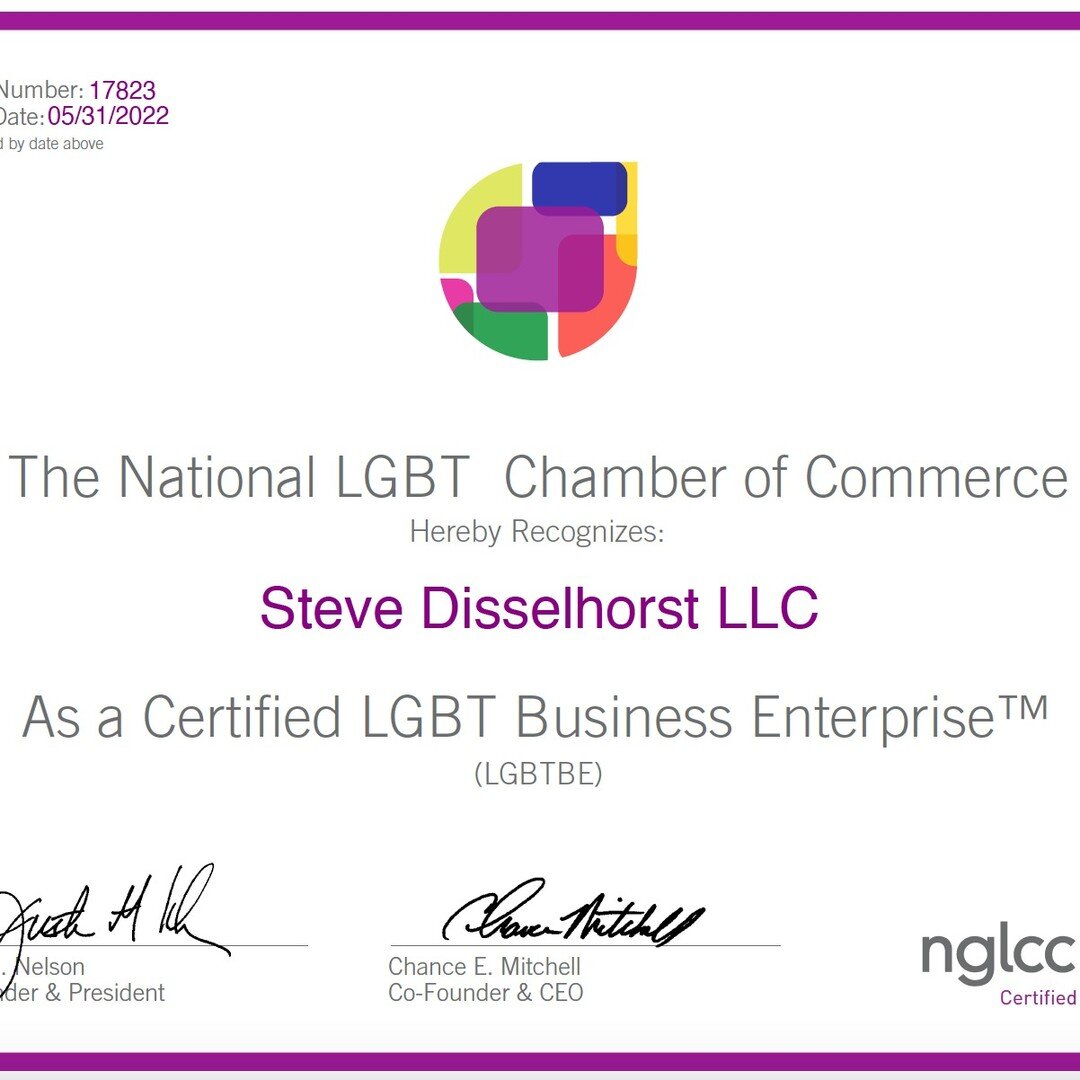 I am excited to share that my business is certified as an LGBT Business Enterprise&reg; through the National LGBT Chamber of Commerce (NGLCC) Supplier Diversity Initiative.
 
The National LGBT Chamber of Commerce is the business voice of the LGBT com
