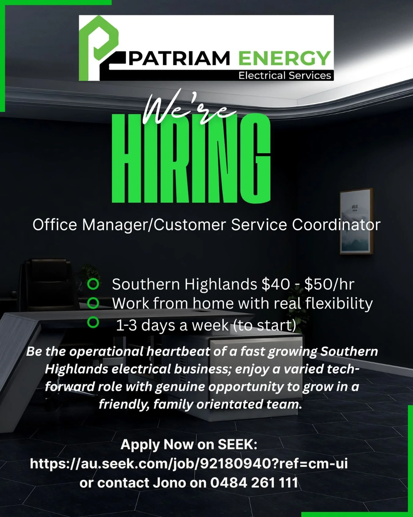 ✨ WE&rsquo;RE HIRING ✨

Patriam Energy is growing and we&rsquo;re looking for an organised, friendly and motivated Office Manager / Customer Service Coordinator to join our team in the Southern Highlands.

This role is perfect for someone who enjoys:
