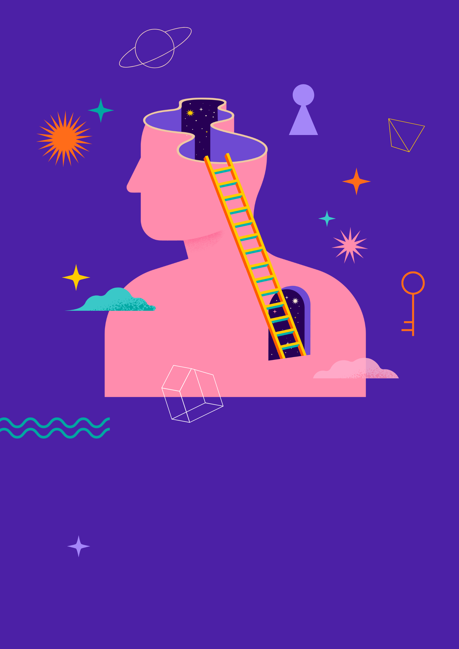 A surreal illustration of a pink human head silhouette with a ladder leading into the brain, which contains a starry night sky. Surrounding the head are colorful abstract shapes, clouds, and space-themed icons on a purple background.