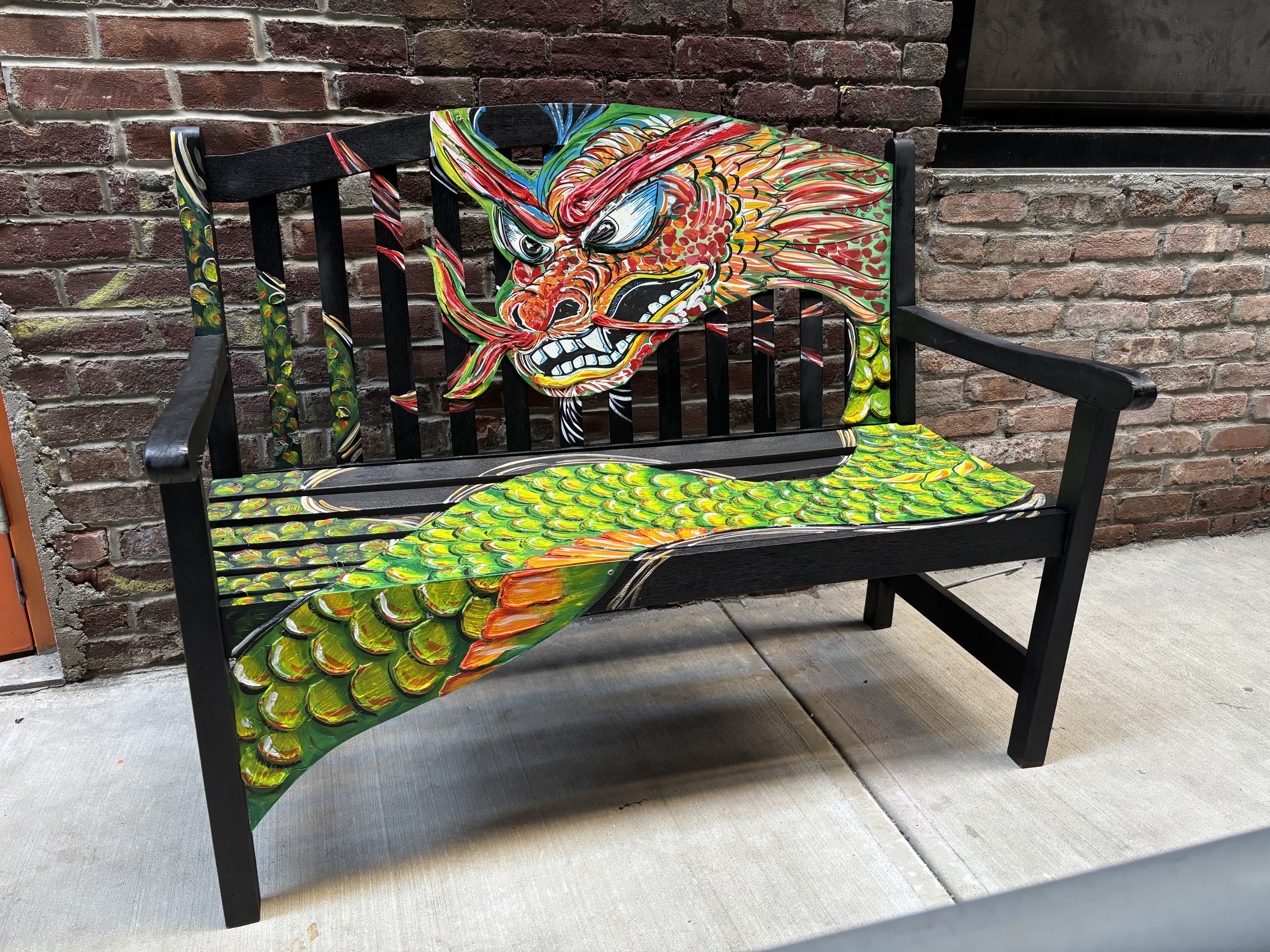 Dragon Bench, Mixed media on wood, 5 ft