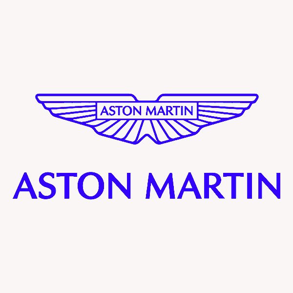Aston Martin Logo mit Flügel-Design und dem Schriftzug "Aston Martin" in Blau.