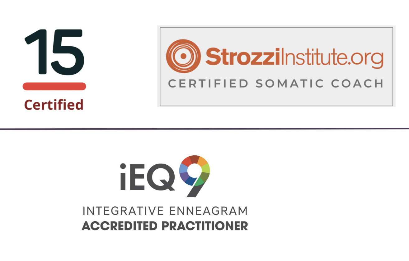 Certification graphic featuring logos and text indicating a Certified Somatic Coach from Strozz Institute, an IEQ9 Integrative Enneagram Accredited Practitioner, with a score of 15 and the word 'Certified' under it.
