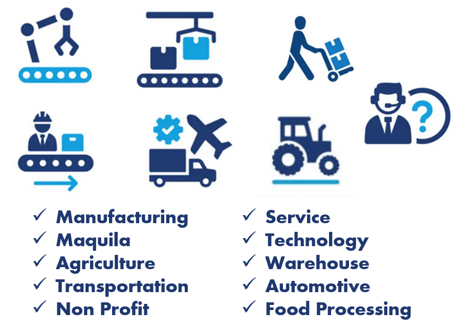 Icons representing workers' compensation and group insurance for: manufacturing, maquila, agriculture, transportation, non-profit, service, technology, warehouse, automotive, and food processing industries.