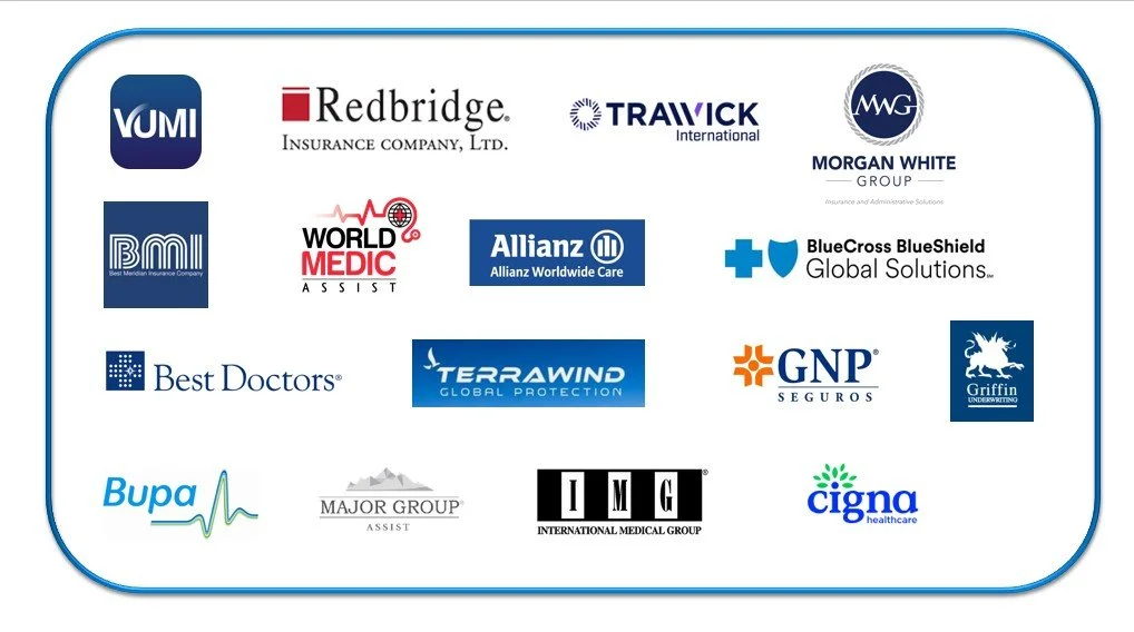 Logos of international and Mexican health insurance providers including; Allianz, Bupa, GNP Seguros, Redbridge, Vumi, Cigna Global, Blue Cross Blue Shield Global, BMI, IMG, Morgan White Group, Trawick International.
