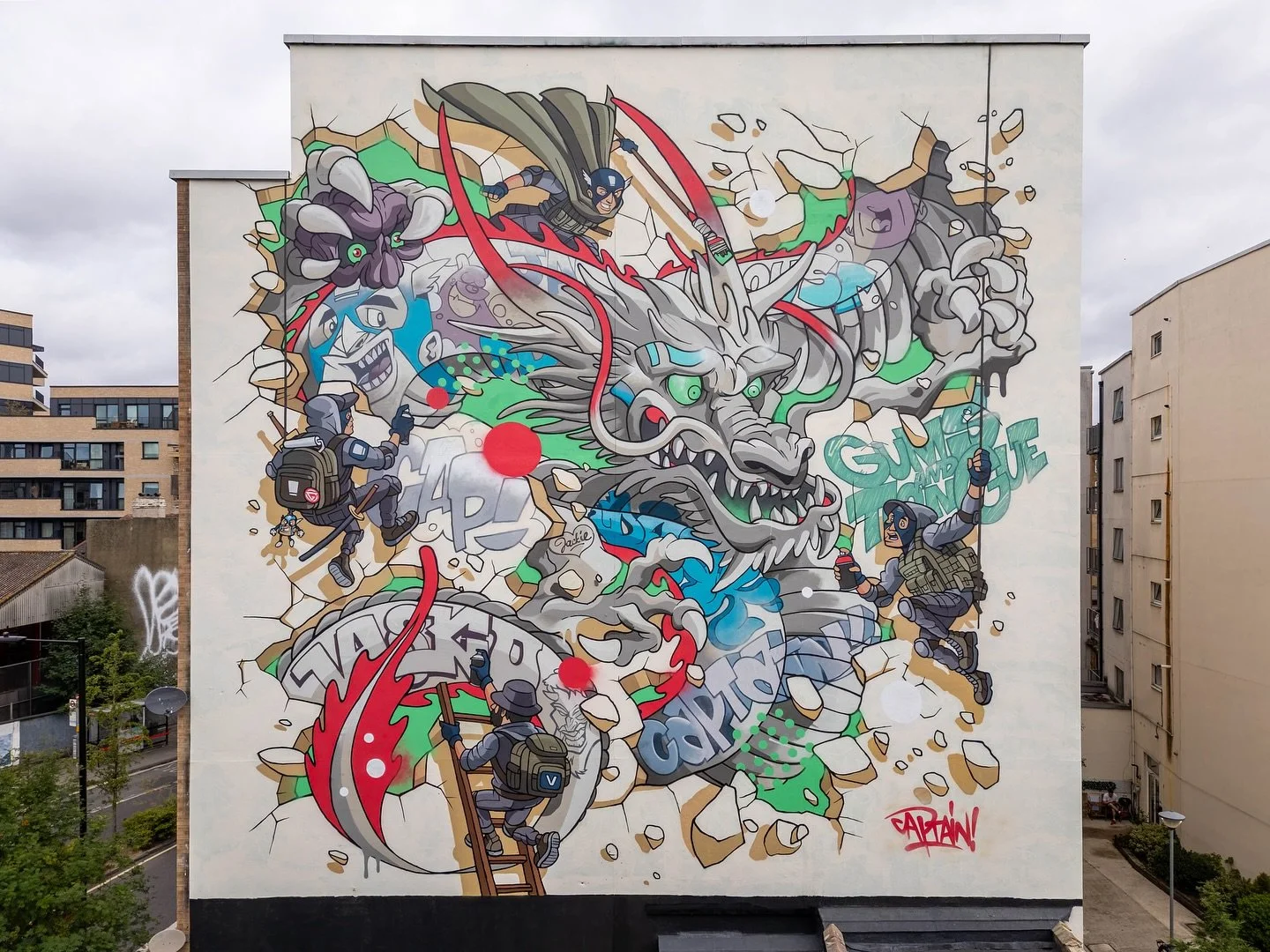 MASSIVE DRAGON 🐉 

Final shots of my new piece painted in London fields over 5 days on this huge wall on Mare Street.

It was a brutal heatwave while we were on an exposed rooftop painting this but I&rsquo;m so grateful to be able to smash out a big