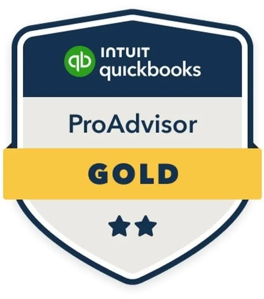 We are QuickBooks ProAdivsors. Badge with the QuickBooks logo, labeled 'ProAdvisor Gold' with two stars at the bottom.