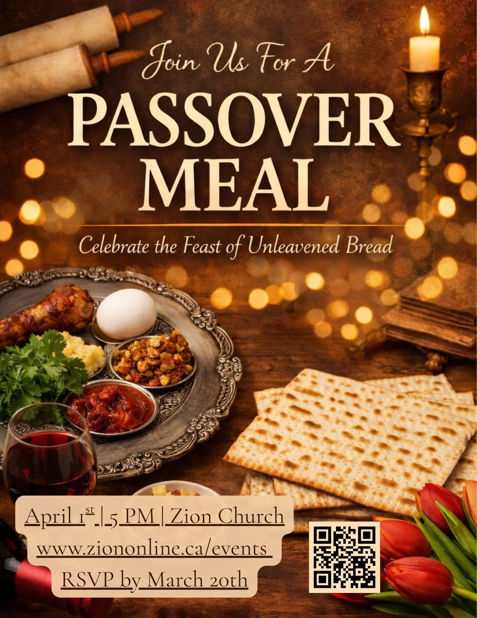 Passover Seder Meal | April 1st @ 5:00 PM 
Join us for an evening of storytelling, Scripture, meaningful traditions, and shared fellowship as we celebrate together and enjoy a potluck dinner. Click the image for more details and to RSVP! 