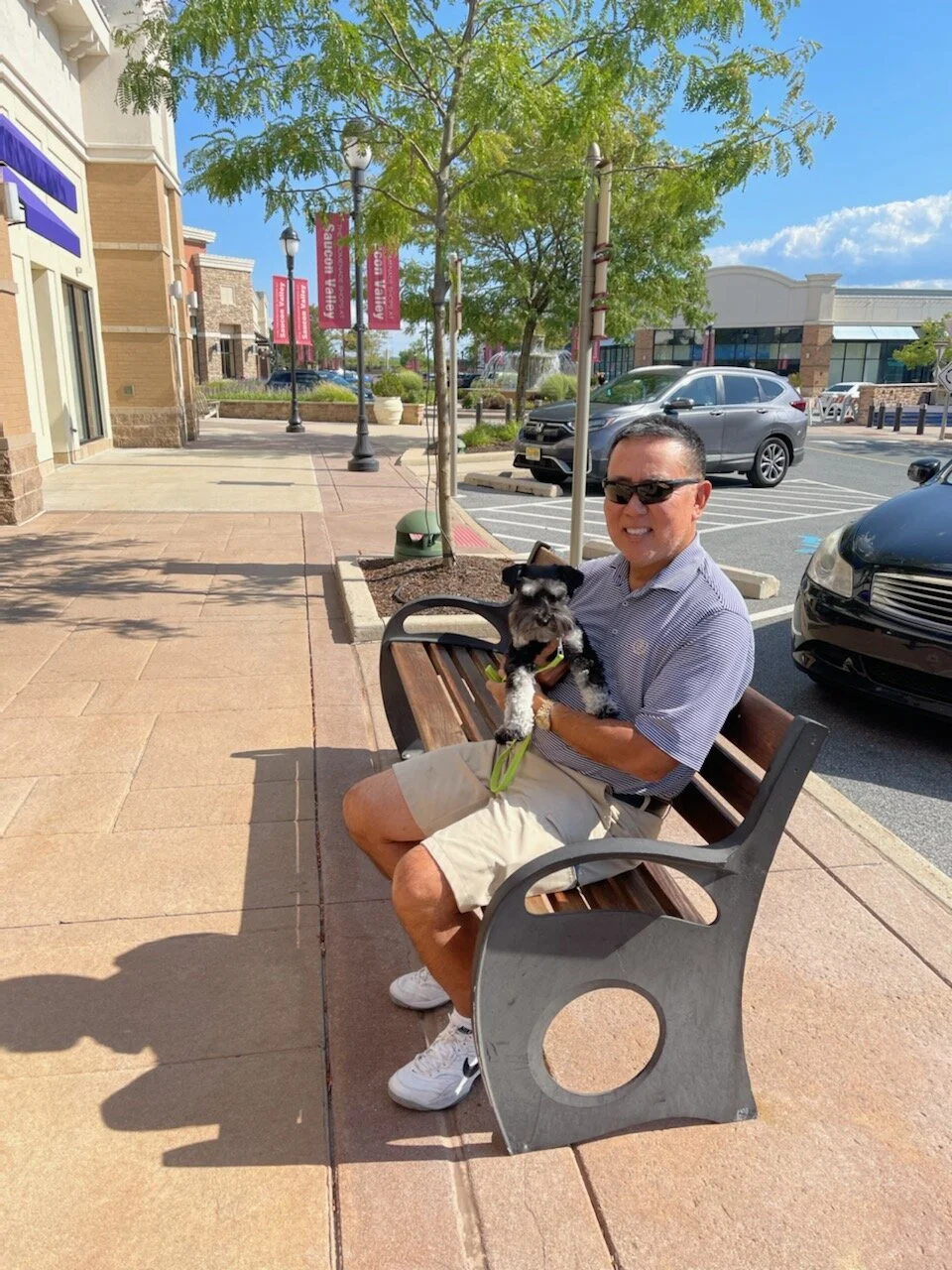 A man sitting on a park bench holding a small black and white dog in an outdoor shopping plaza on a sunny day.